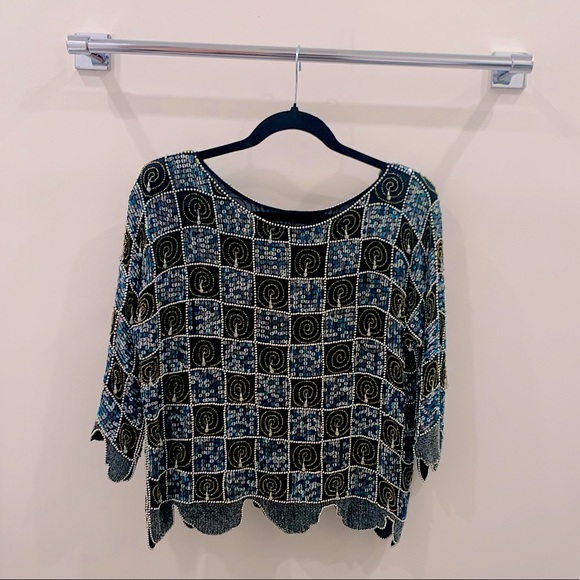 Vintage Tops - Vintage - Navy Blue beaded-sequined Crop Top!